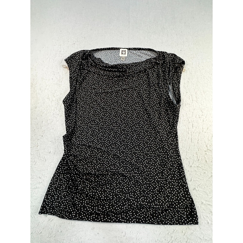 Anne Klein Blouse Top Womens Medium Black White Polka Dot Sleeveless Boat Neck